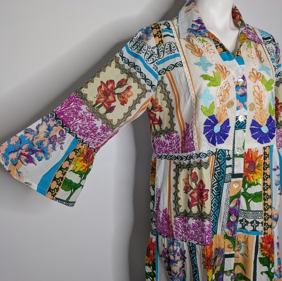 Parsely & Sage Colorful Mixed Print Cotton Button Up Dress M - Picture 4 of 9